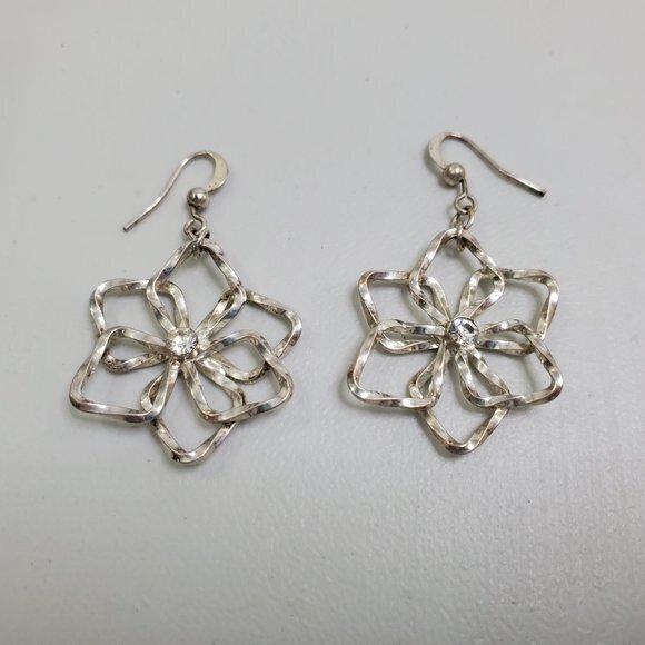 Floral Earrings Silver Tone Twist Rhinestone Dangl - Picture 2 of 11